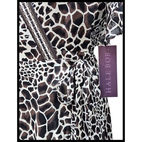 NWT Hale Bob Leigh Georgette Wrap Dress Lined ASO Brown Taupe Animal Print Large - Picture 8 of 13